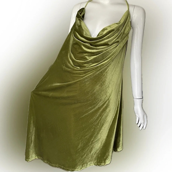 Cider Olive Green Velvet Party Dress 4X Asymmetrical Hem Cowl Collar Spaghetti - Picture 2 of 10
